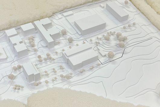 Model of the HIPS surroundings with existing building (center) and extension area (right)