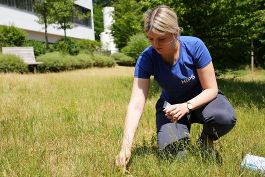 Frau kniet im Gras und sammelt Proben